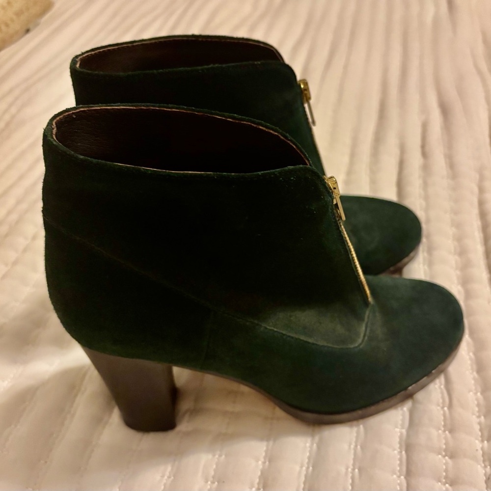 J Crew Dark Green Suede Ankle Boots with Zipper Detail & Block Heel